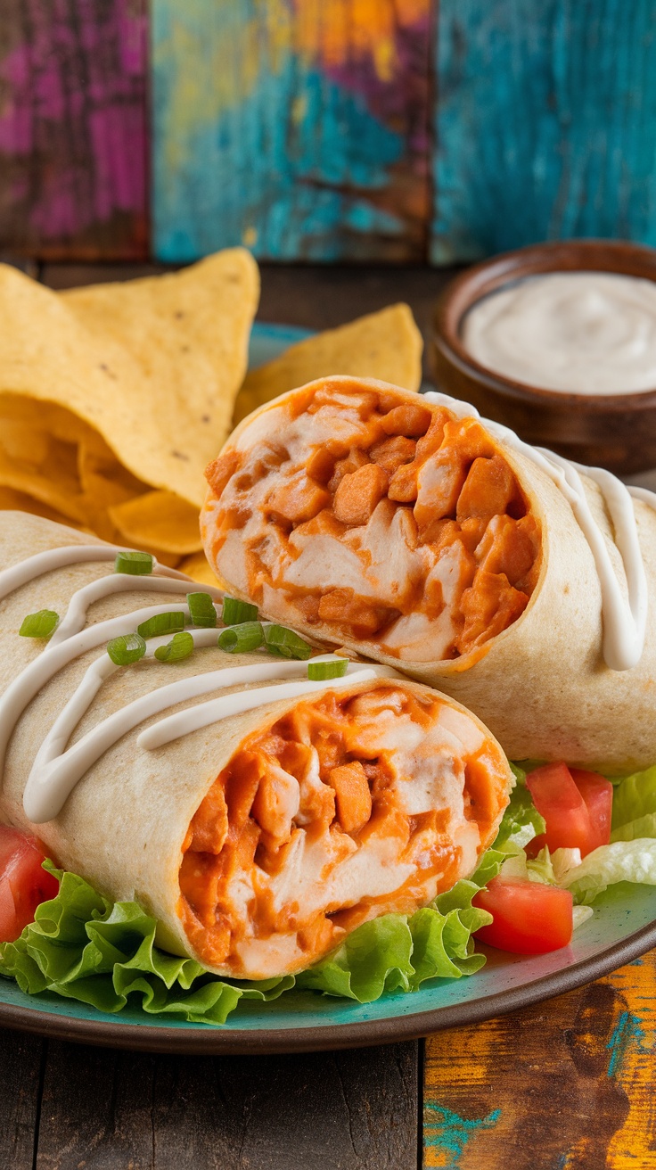 Spicy buffalo chicken burrito cut in half, showing filling with ranch dressing and chips on a rustic table.